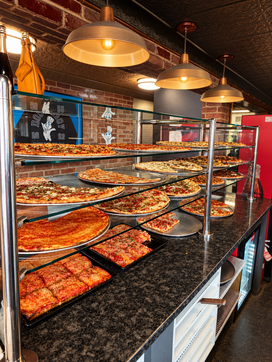 Close view of Nonna's pizza display case
