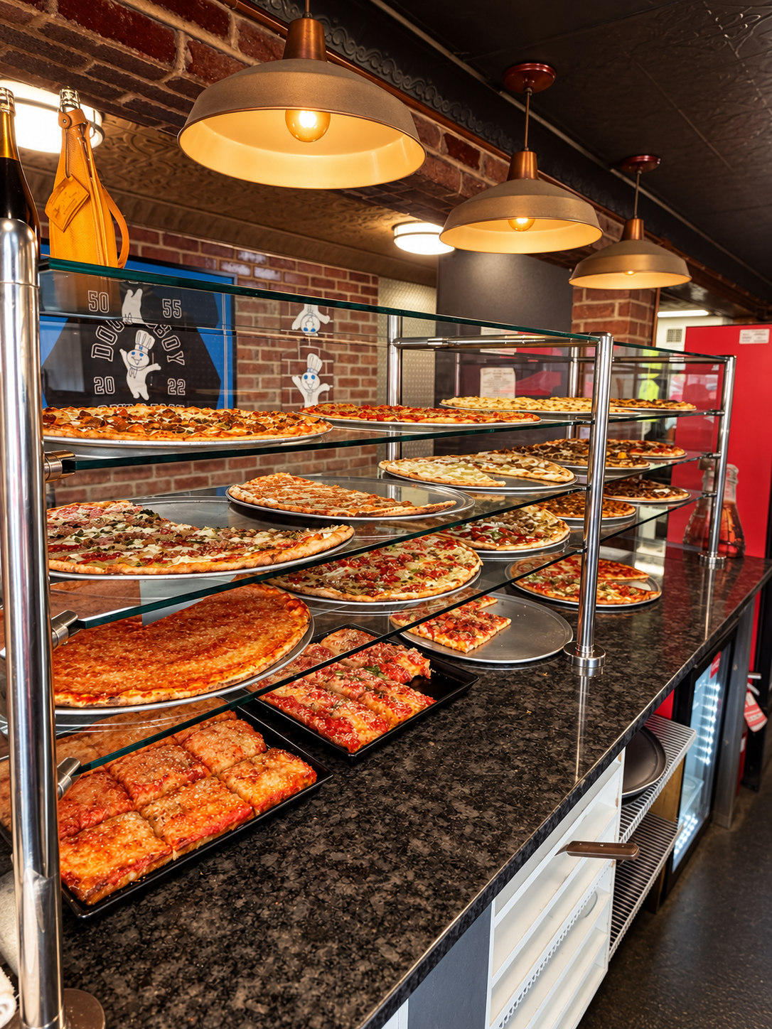 Fresh pizzas lined across Nonna's display case