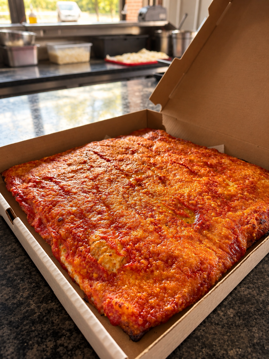 Upside Down Sicilian pie with red sauce and cheese in a pizza box